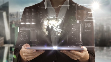 Aufkleber - A woman presenting a new interface for tablet