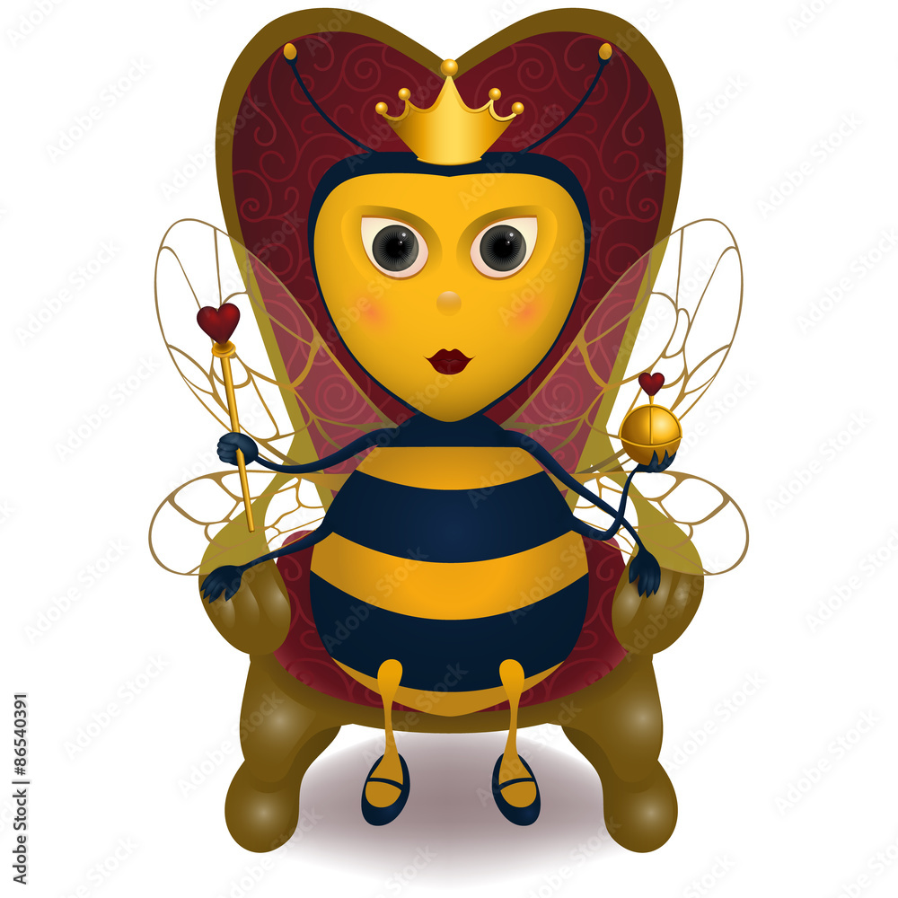 Bee Queen / Queen bee sitting in the royal chair and holding a royal stick with hearts on top. Stock Vector | Adobe Stock
