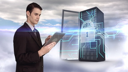 Poster - Businessman using tablet in front of server tower