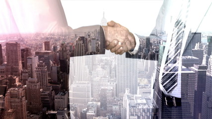 Poster - Business workers shaking hand with skyscraper overlay 