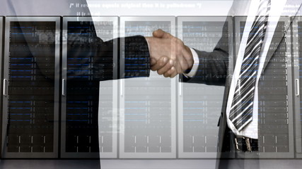 Poster - Business workers shaking hand with server tower overlay