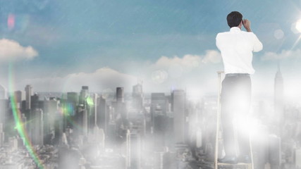 Poster - Businessman on ladder looking at skyscraper with binoculars 