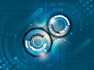 Fototapete - Gears on abstract technology vector background with number scheme, shiny effect and arrows