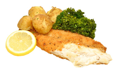 Wall Mural - Cooked Basa Fish Fillet With Boiled Potatoes And Broccoli