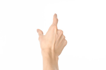 Wall Mural - Gestures topic: human hand gestures showing first-person view isolated on white background in studio