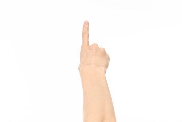 Wall Mural - Gestures topic: human hand gestures showing first-person view isolated on white background in studio