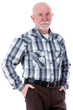 Portrait of happy senior old man with hands in pocket. isolated