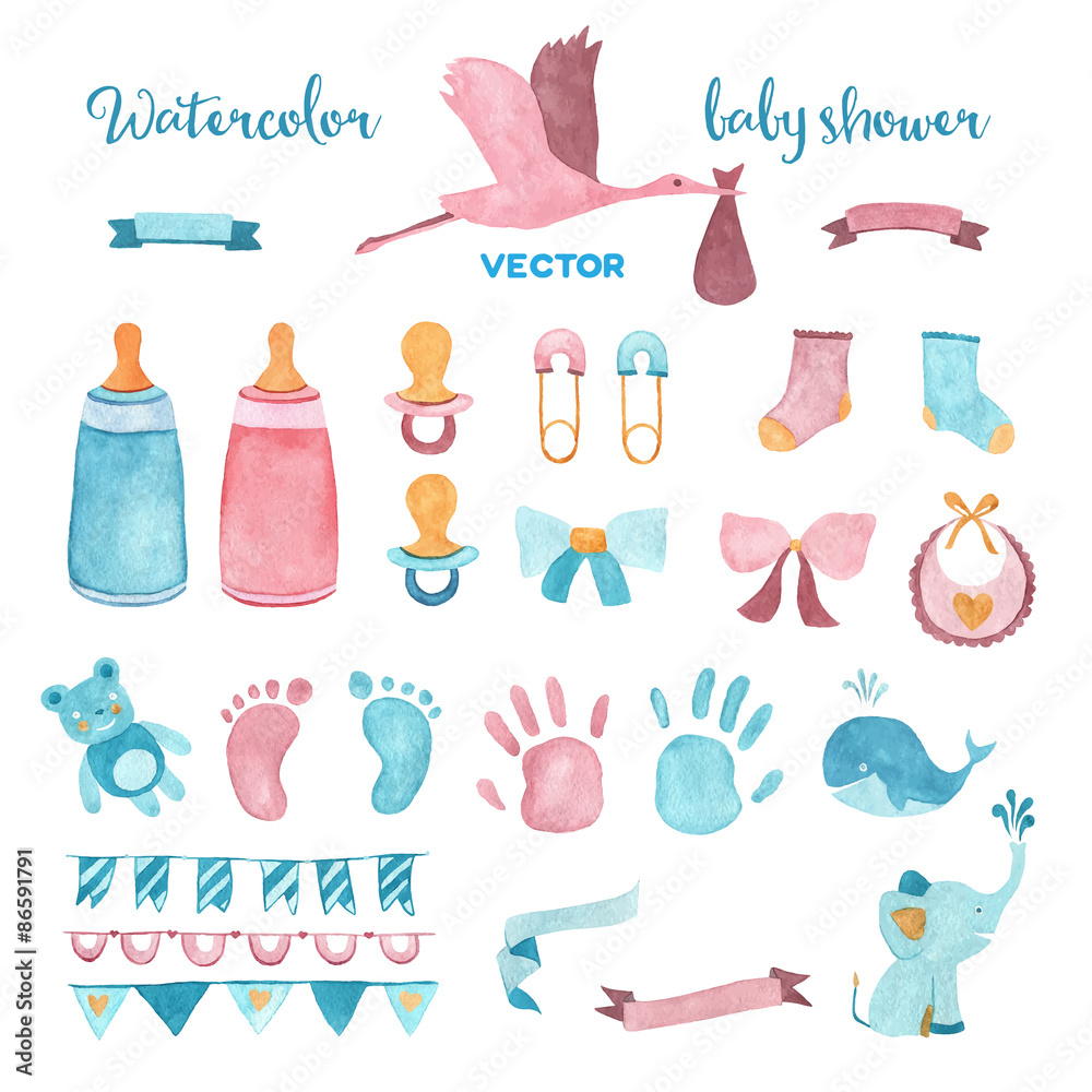 Watercolor vector baby shower set Stock Vector | Adobe Stock