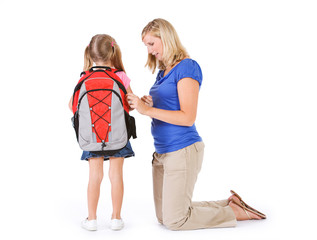 Student: Mother Helps Girl With Backpack Zipper