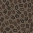 Seamless vector pattern with black coffee beans on a dark brown background