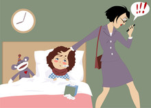Stressed Out Working Mother Of A Sick Child Receiving An Urgent Message On Her Phone, Vector Illustration, EPS 8
