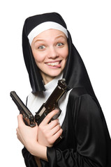 Wall Mural - Nun with gun isolated on white