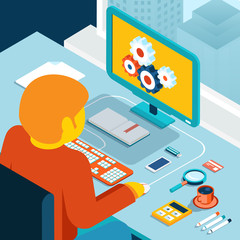 Poster - home workspace. workstation by the window. isometric 3d