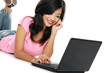 © Odua Images - Young asian woman  with a laptop , laying on the floor isolated