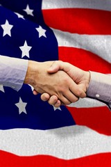 Poster - Composite image of hand shake in front of wires