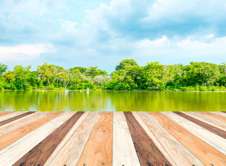 Poster - Empty perspective room with lagoon at forest and blue sky and wo