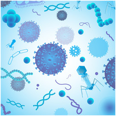 Blue virus cells, bacteria and DNA. Vector illustration.