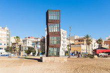 The Sculpture L’estel Ferit  At The Barceloneta Beach In Barcelona The Beach Is Very Popular Among Young People