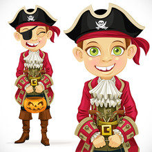 Cute Boy Dressed As Pirate Trick Or Treat.