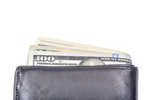 Close Up One Hundred Dollar Banknotes In Black Leather Wallet On