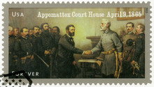 USA - 2015: Shows Robert E. Lee's Surrender To Ulysses S. Grant At Appomattox Court House On April 9, Series The Civil War 1865