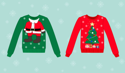 Wall Mural - Christmas sweater on blue background with snowflakes