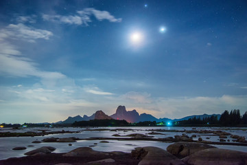 Wall Mural - beautiful night view of mountain landscape in lake with star in