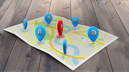 Poster - Red marker on a map surrounded by blue markers