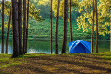 Blue Tent For Camping In Forest Of Huai Makhuea Som Reservoir