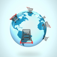 3D globe with world map of shopping carts worldwide