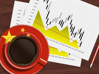 coffee with chinese flag and stock exchange chart lying on desk