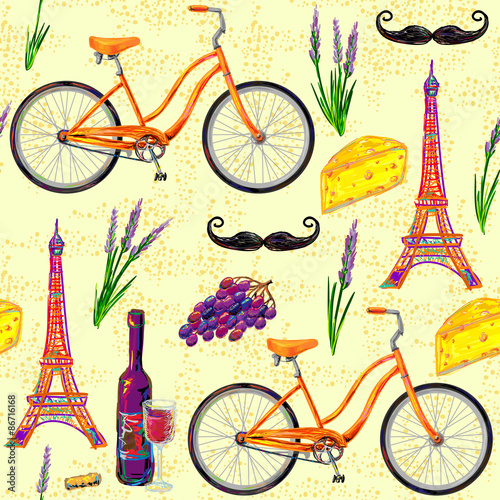 Cotton fabric Seamless Paris French pattern with Eiffel Tower, bicycle, cheese, mustache, wine glass, grape, bottle of wine, lavender flowers. Perfect for wallpapers, web page backgrounds, surface textures, textile