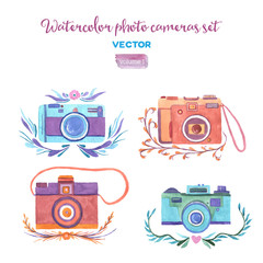 Watercolor vector photo cameras set.