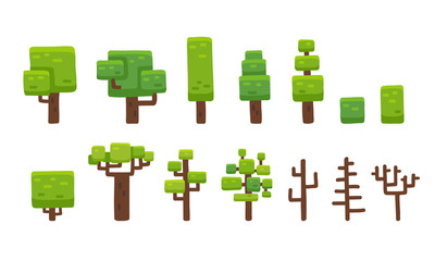 Wall Mural - Set of stylized hand drawn cartoon trees isolated on white, suitable for platformer video game level backgrounds.