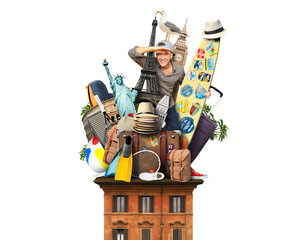 Wall Mural - tourist on the roof with luggage and landmarks