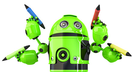 Aufkleber - Green four-arm robot with pencils. Multitasking concept. Isolated. Contains clipping path. 3d illustration