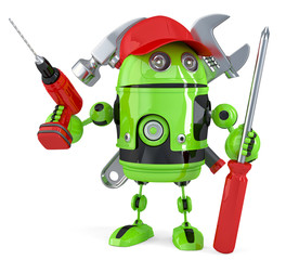 Poster - Green robot with tools. Isolated. Contains clipping path