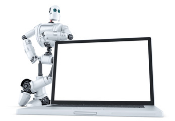 Robot with blank screen laptop. Isolated. Contains clipping path