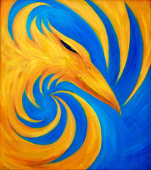 Poster - fire phoenix on blue background, original oil painting, phoenix