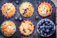 Homemade Blueberry Muffins With Berries Closeup