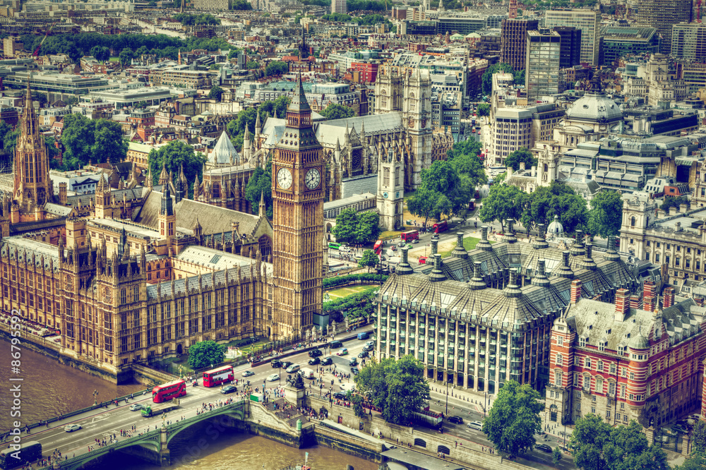 Big Ben, Westminster Bridge na Tamizie w Londynie, UK widok z lotu ptaka - obrazy, fototapety, plakaty 