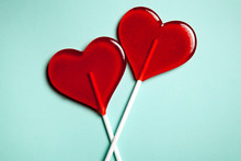 Two Lollipops. Red Hearts. Candy. Love Concept. Valentine Day.