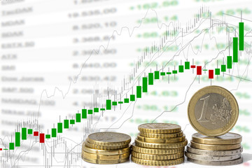 Stack of Euro coins - euro money and stock chart graphic