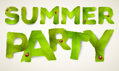 Wall Mural - Vector Summer Party words, made from green leaves, isolated on background