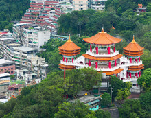Aerial View Of Colorful Buddha Temple In The Chung Cheng Park. Keelung