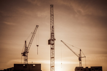 Color picture of some cranes on a construction site, as dusk.