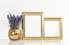 Golden Picture Frame And Lavender Flowers. Vintage Style Mock Up