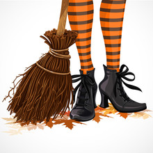 Halloween Closeup Witch Legs In Boots And With Broomstick Standi