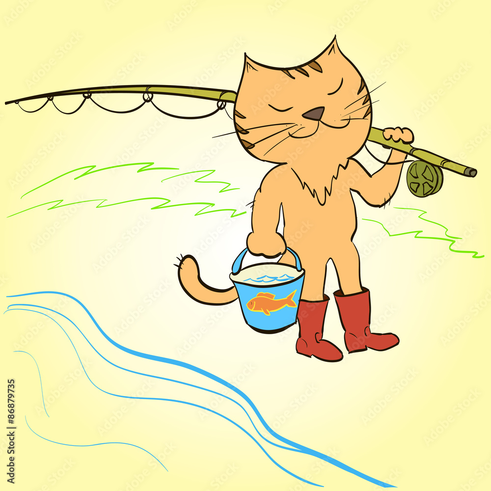 cat goes fishing hook Cat goes fishing with a fishing rod and a bucket in the clutches Stock  Vector