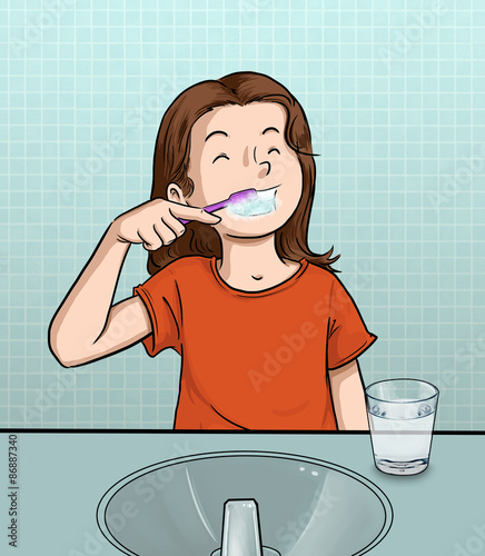 niña lavándose los dientes en baño frente al espejo Stock Illustration ...